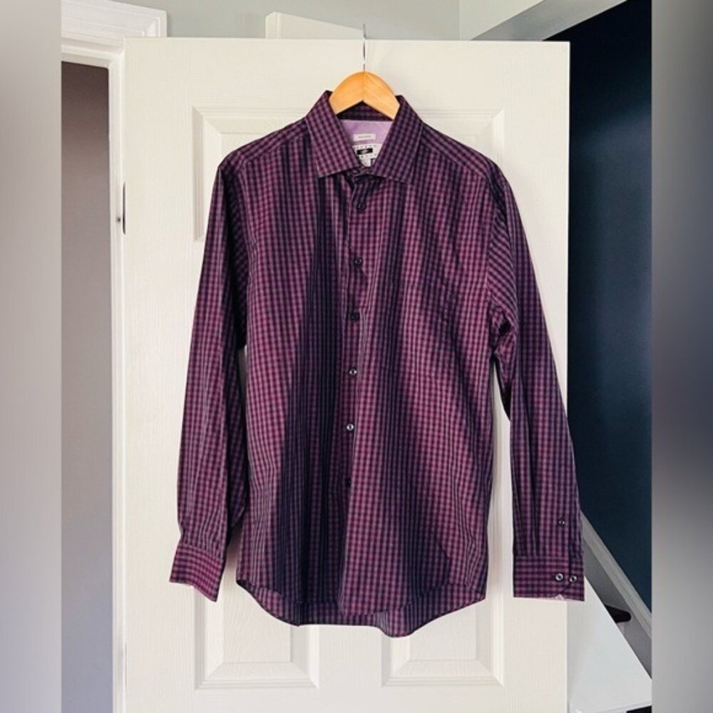 Joseph Abboud Non Iron Dress Shirt Large Purple Black Check Cotton
